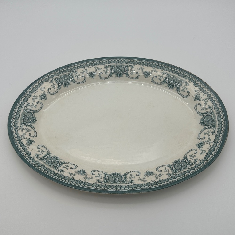 Buffalo Pottery Bonrea Oval Serving Platter 15 Inch Teal Transferware Antique